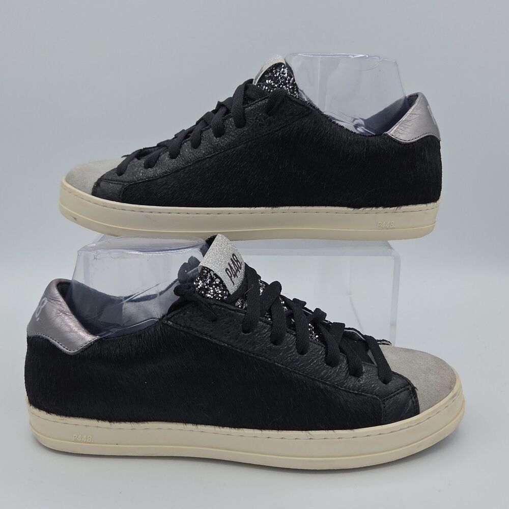 P448 John Black Calf Pony Hair Silver Metallic Suede Sneaker Shoe Sz 38 US 7.5-8